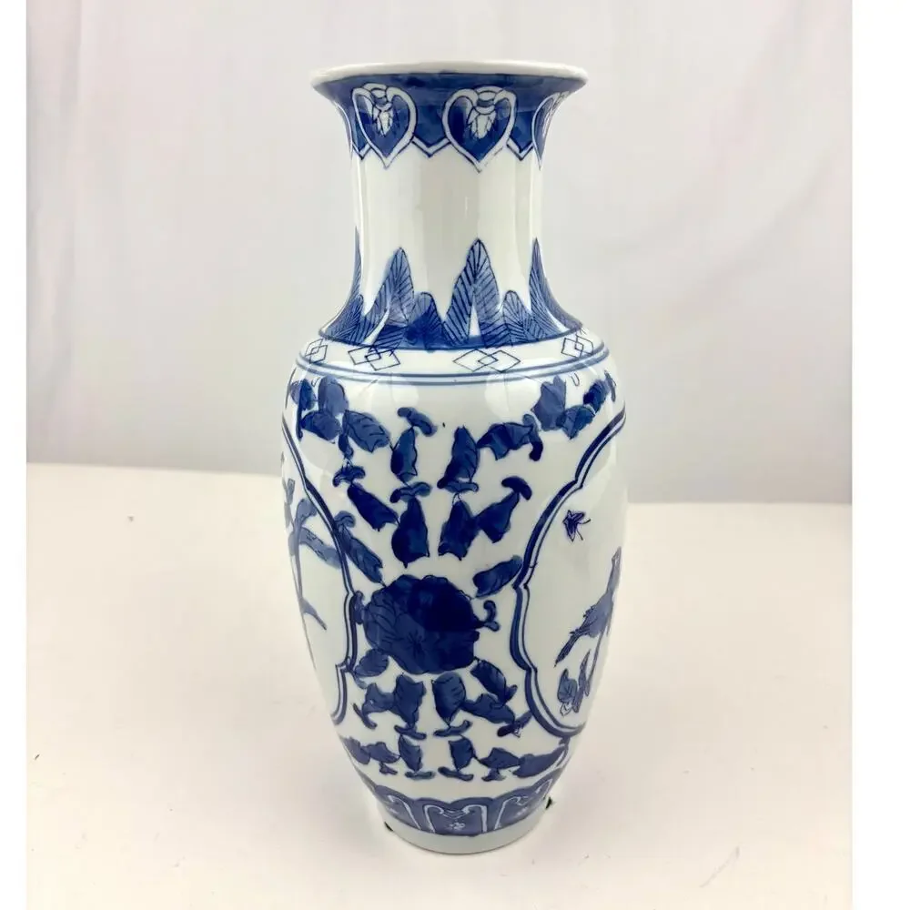 Blue & White Chinese Porcelain Vase with Floral & Bird‎ Design 11.75